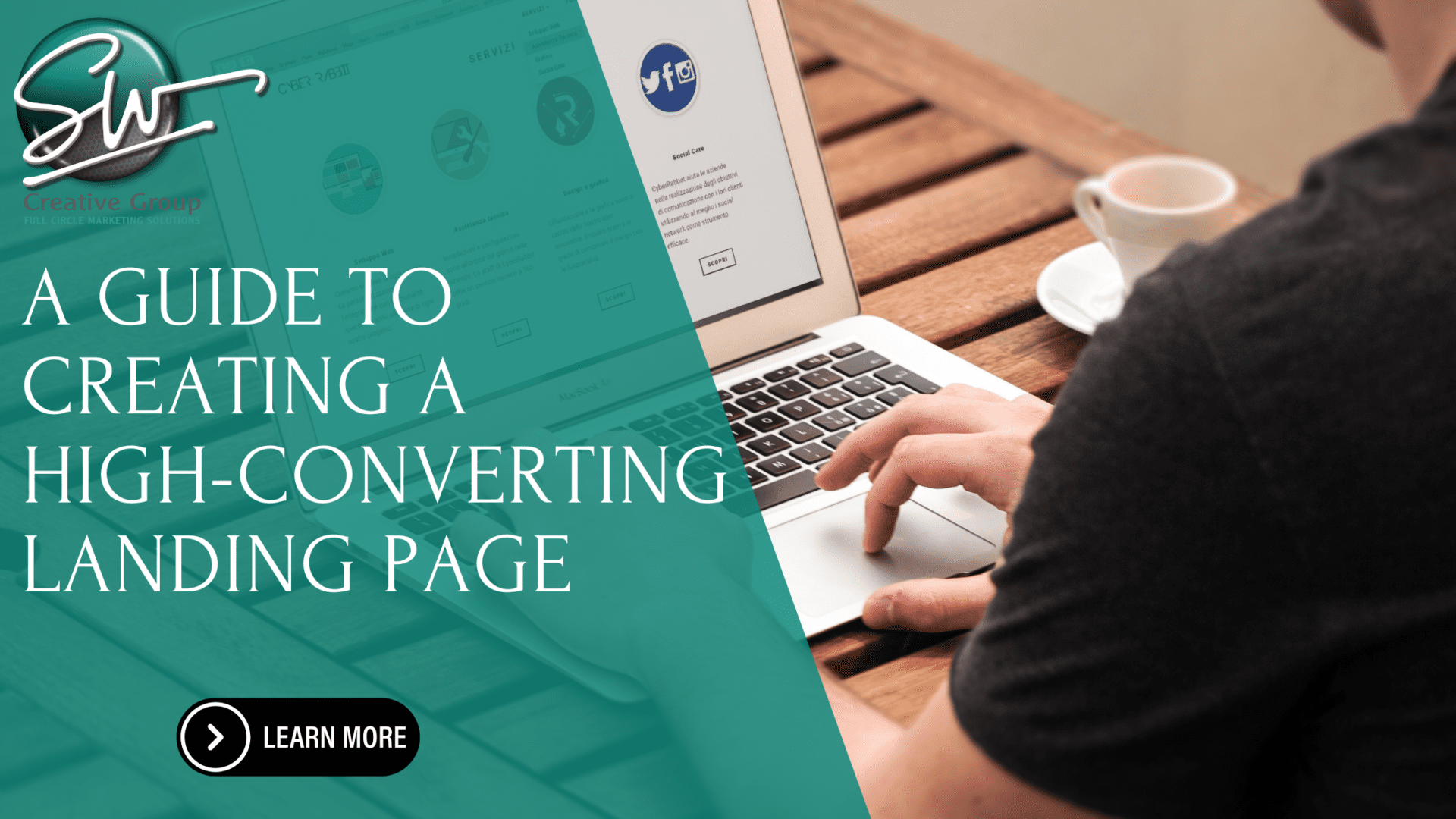 A person designs a landing page with the blog title and a Learn More button on the left.