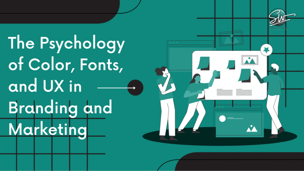 Illustrations show people talking about color and fonts in branding, with the blog title written on the left.