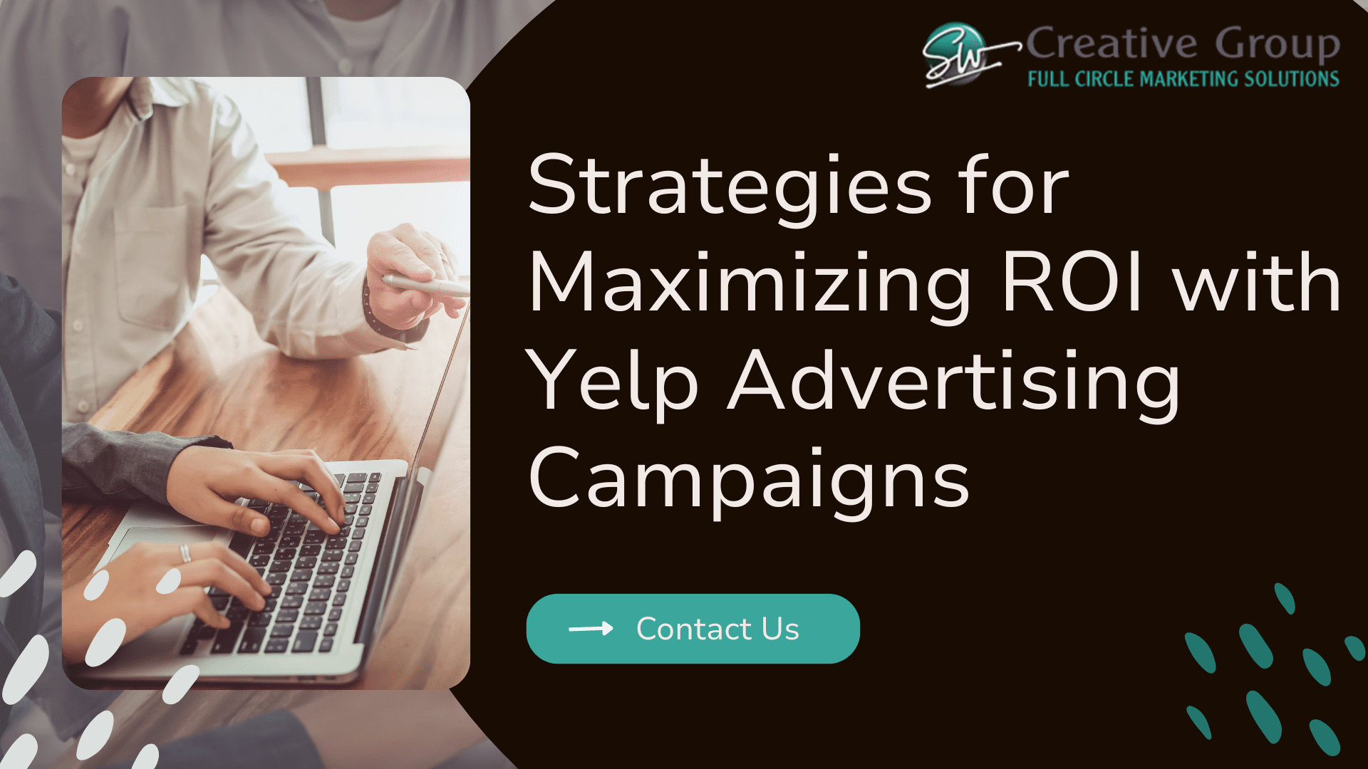 An image of two people in front of a laptop next to a headline about strategies to increase ROI from Yelp ads