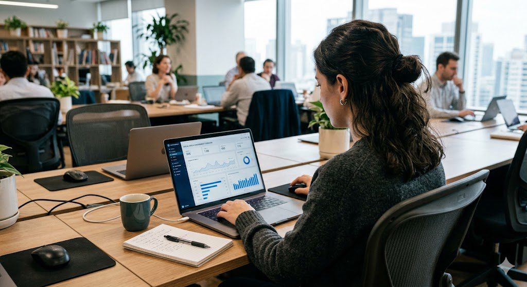 Business owner reviewing social media engagement analytics on a laptop in a Las Vegas office