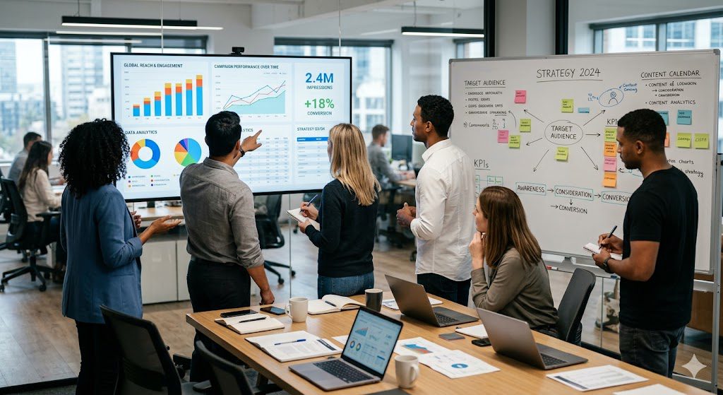 Team planning marketing strategy with charts and analytics in Las Vegas office