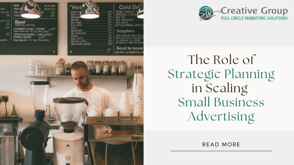 Coffee shop barista preparing drinks beneath menu boards alongside blog graphic titled “The Role of Strategic Planning in Scaling Small Business Advertising” with SW Creative Group branding and a Read More prompt.