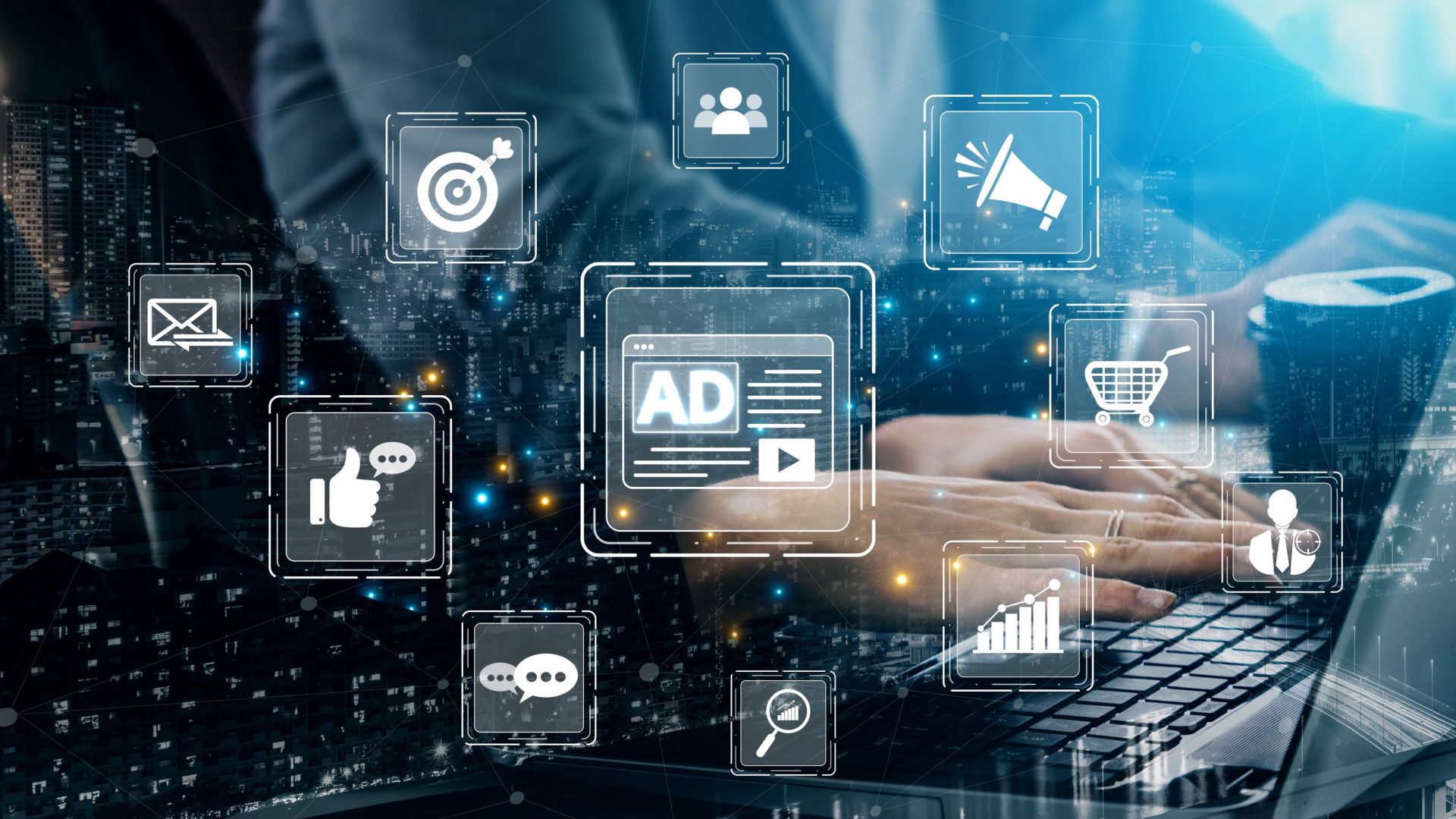 302127105_m Business professional using a laptop with digital advertising, audience targeting, analytics, communication, and e-commerce icons displayed over a cityscape, representing modern AI-powered online marketing and PPC campaign management.